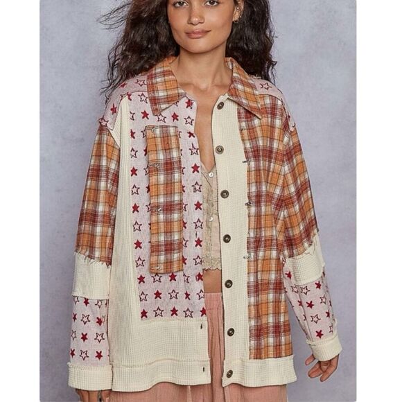 POL Jackets & Blazers - POL Patchwork Shacket Boho Plaid & Star Contrast Long Sleeve Jacket Large NEW